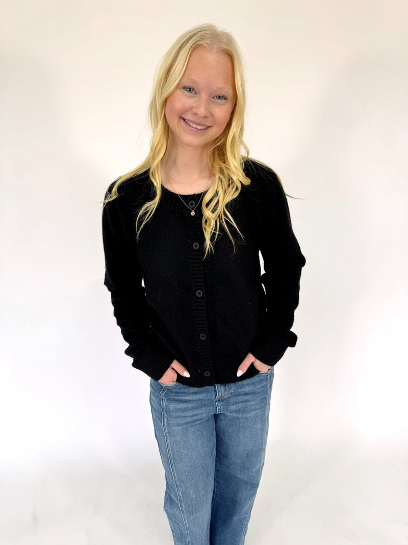 Ella Charcoal Button Front Cardigan Sweater - Black - Anderson Ave boutique