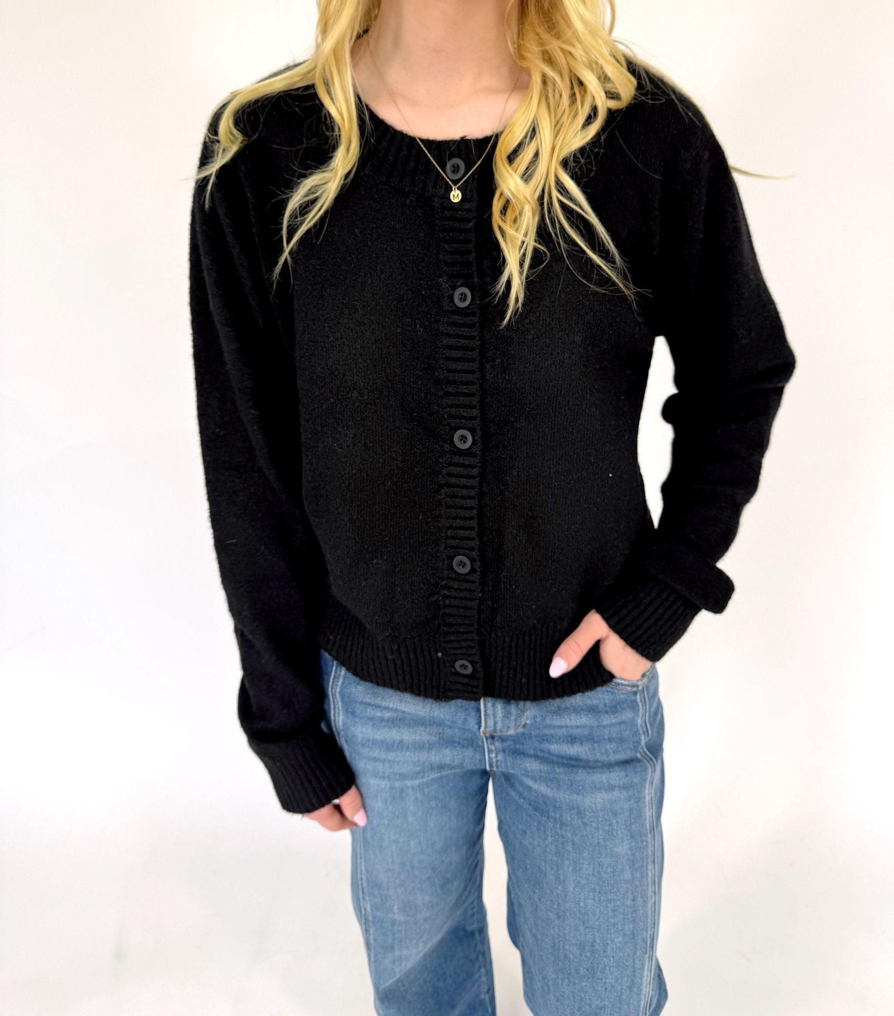 Ella Charcoal Button Front Cardigan Sweater - Black - Anderson Ave boutique