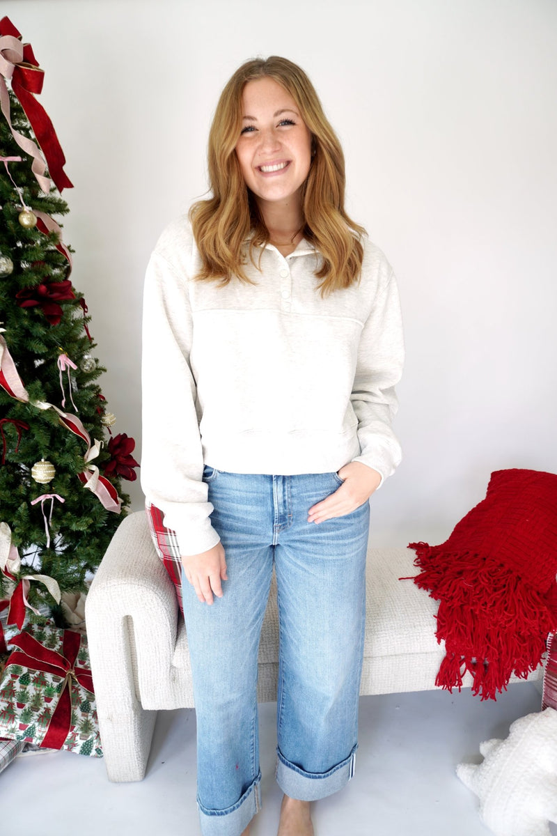 Ella Heather Gray Button - Front Cozy Fleece Sweatshirt – Soft Winter Pullover - Anderson Ave boutique