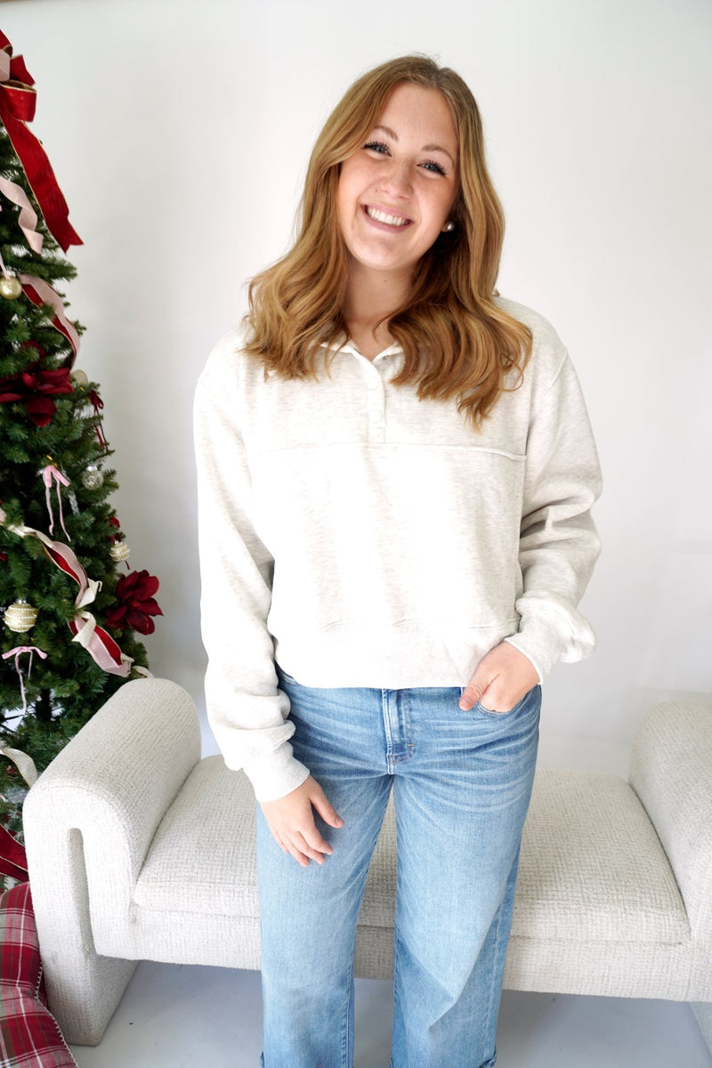 Ella Heather Gray Button - Front Cozy Fleece Sweatshirt – Soft Winter Pullover - Anderson Ave boutique