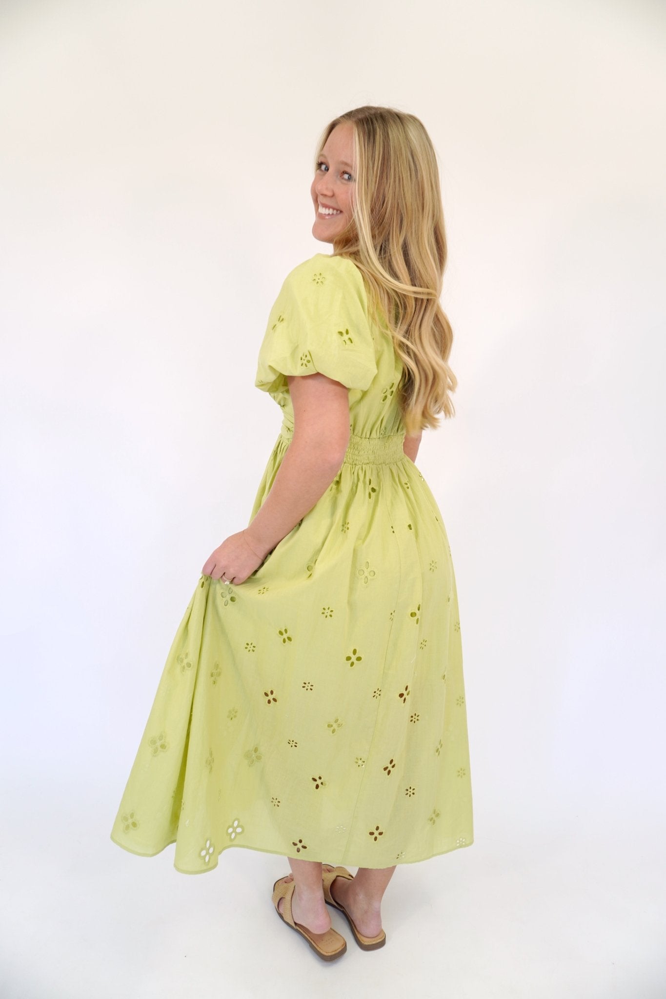 Elowen Eyelet Lace Smocked Midi Dress – Breathable Cotton Puff Sleeve - Anderson Ave boutique