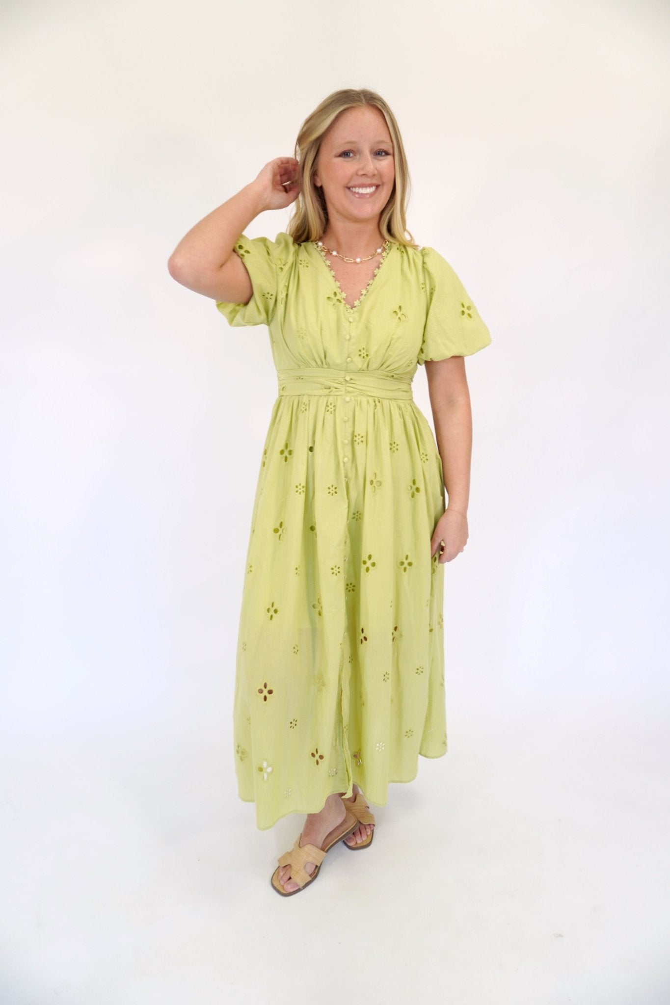 Elowen Eyelet Lace Smocked Midi Dress – Breathable Cotton Puff Sleeve - Anderson Ave boutique