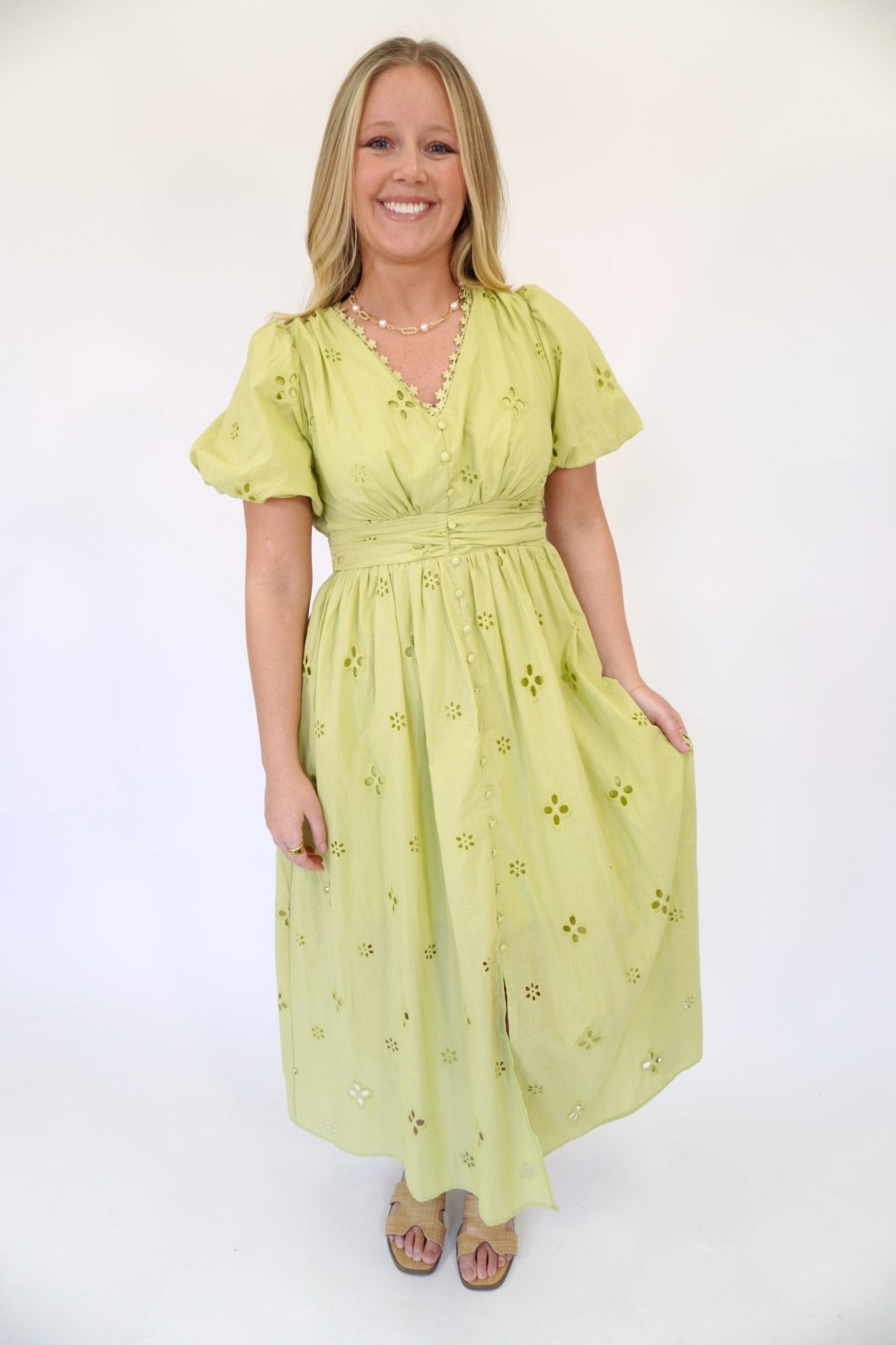 Elowen Eyelet Lace Smocked Midi Dress – Breathable Cotton Puff Sleeve - Anderson Ave boutique