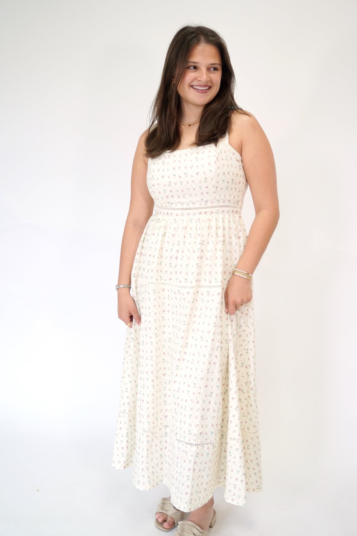 Elowen Floral Lace Trim Square Neck Midi Dress - Anderson Ave boutique