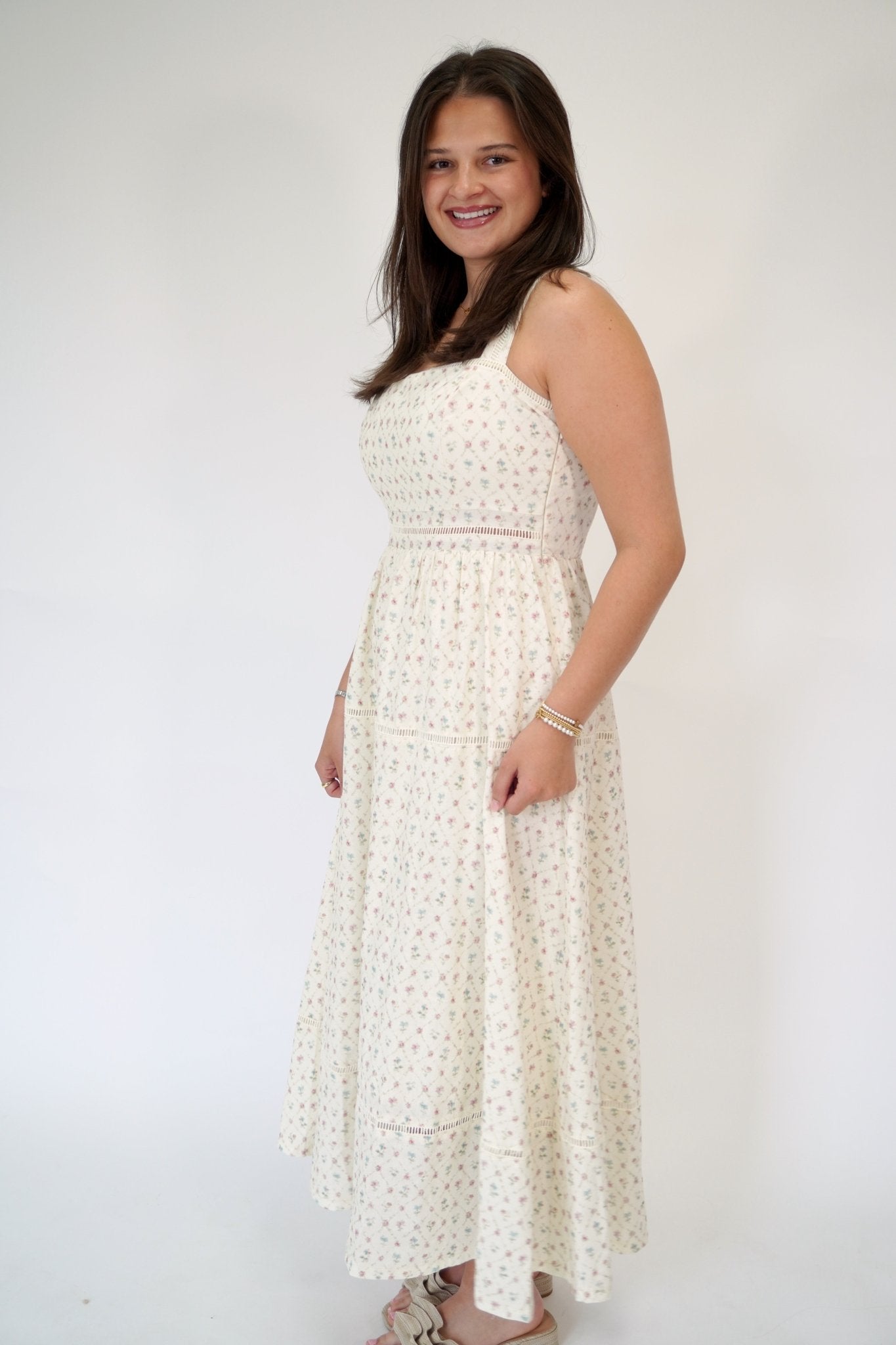 Elowen Floral Lace Trim Square Neck Midi Dress - Anderson Ave boutique