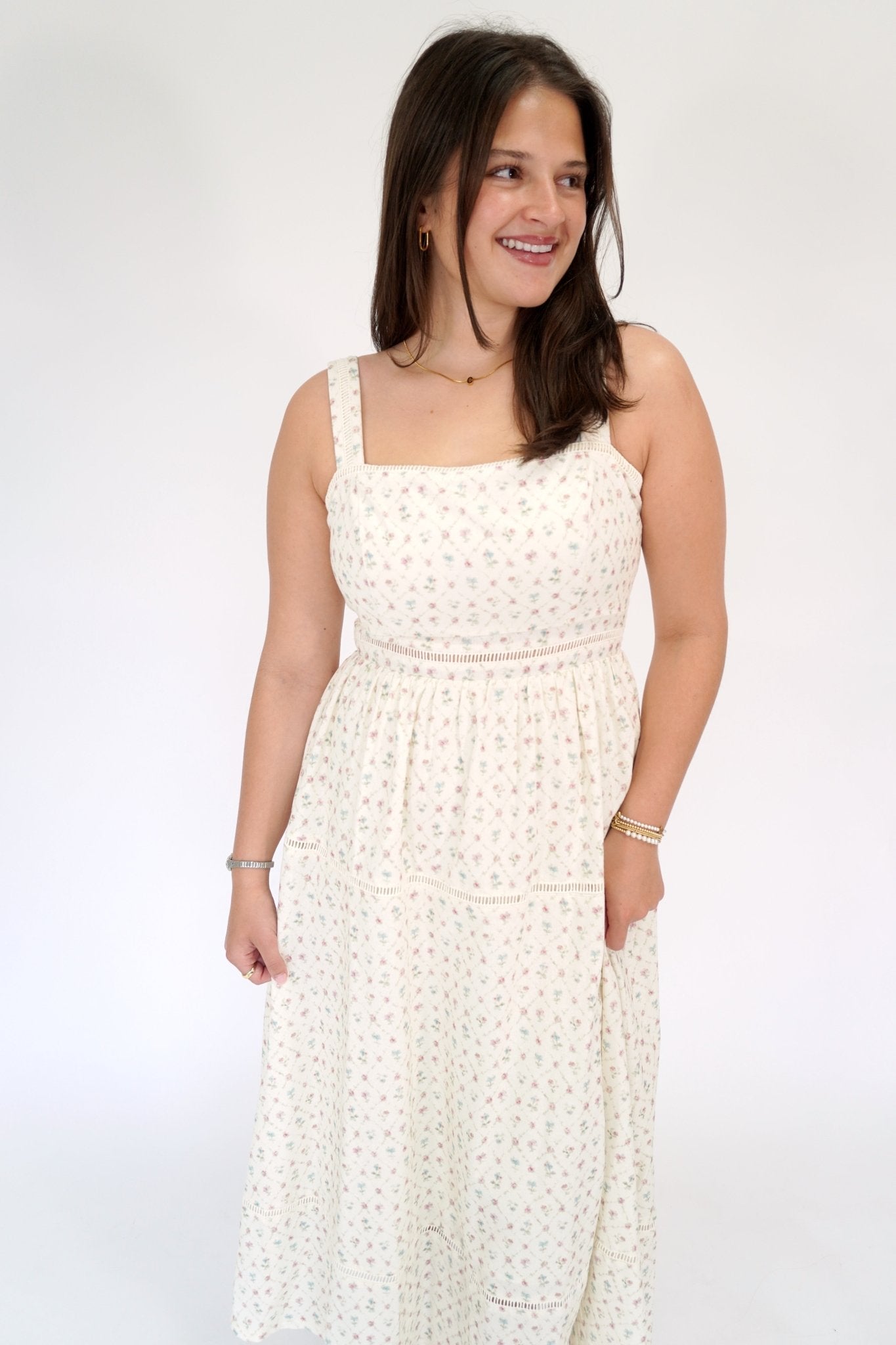 Elowen Floral Lace Trim Square Neck Midi Dress - Anderson Ave boutique