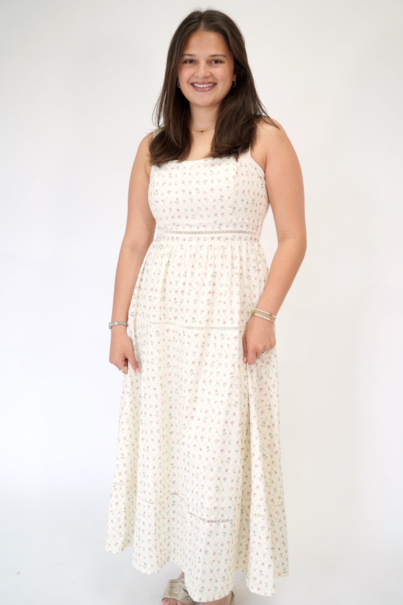 Elowen Floral Lace Trim Square Neck Midi Dress - Anderson Ave boutique