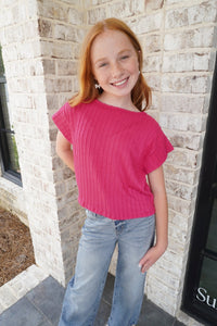Embossed Ribbed Knit Cap Sleeve Top - Pink - Anderson Ave boutique
