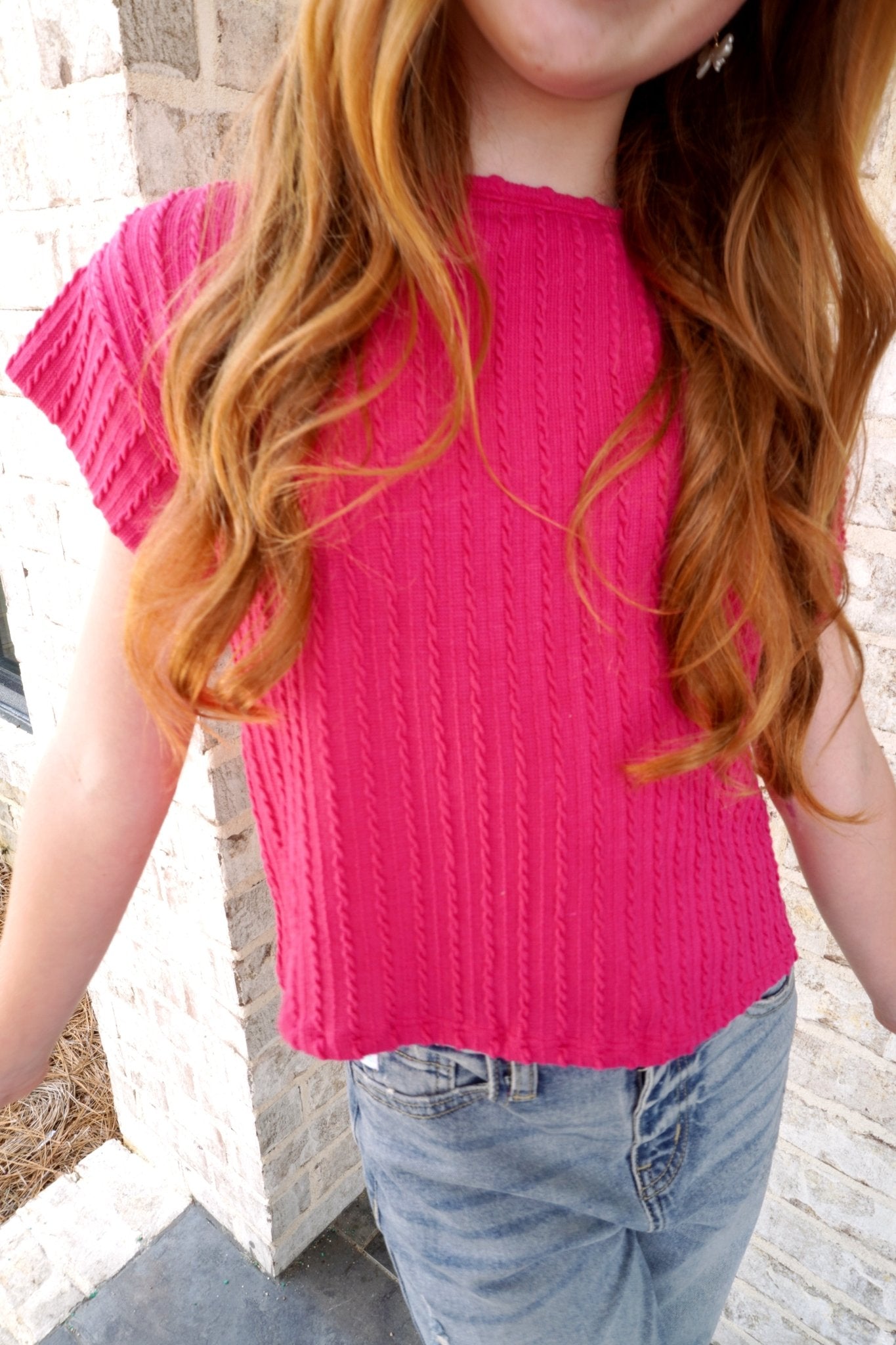 Embossed Ribbed Knit Cap Sleeve Top - Pink - Anderson Ave boutique