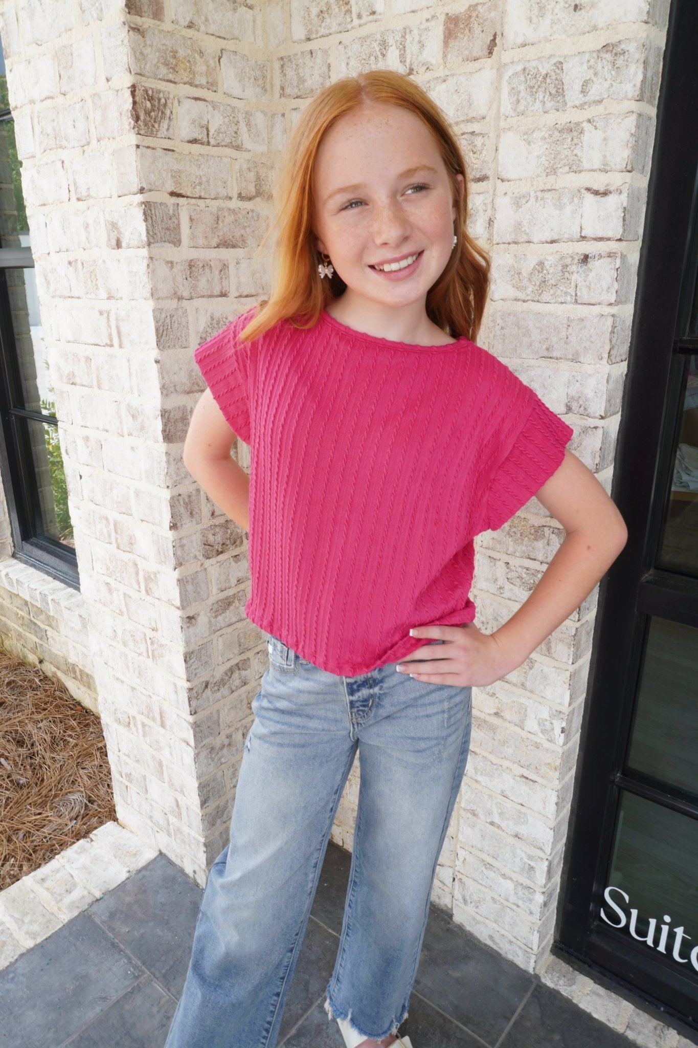 Embossed Ribbed Knit Cap Sleeve Top - Pink - Anderson Ave boutique