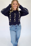 Emma Navy Flower Puff Sleeve Boutique Sweater - Anderson Ave boutique