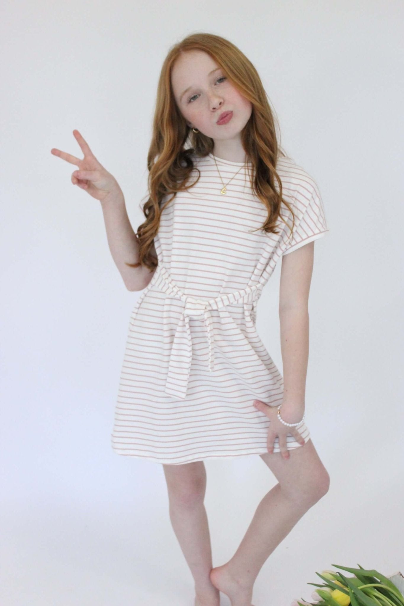 Evie tripped T-Shirt Dress - Pink & White - Anderson Ave boutique
