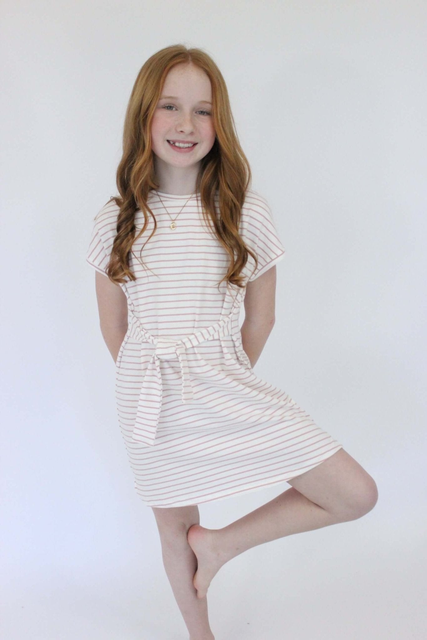 Evie tripped T-Shirt Dress - Pink & White - Anderson Ave boutique