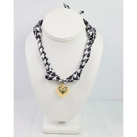 Black and White Houndstooth Scarf Necklace with Gold Heart Pendan