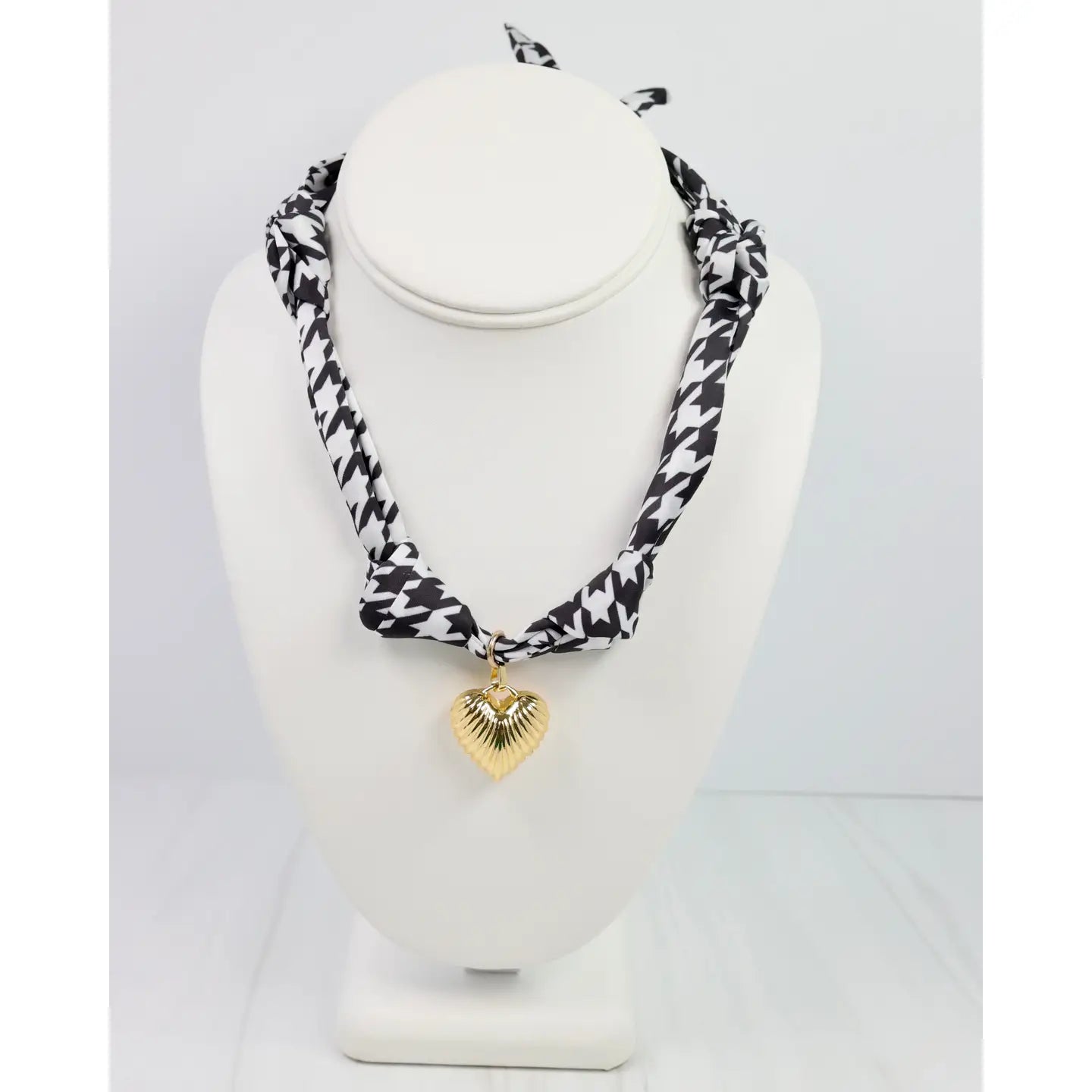 Black and White Houndstooth Scarf Necklace with Gold Heart Pendan