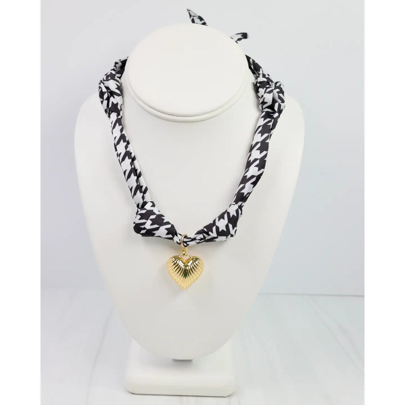 Black and White Houndstooth Scarf Necklace with Gold Heart Pendan