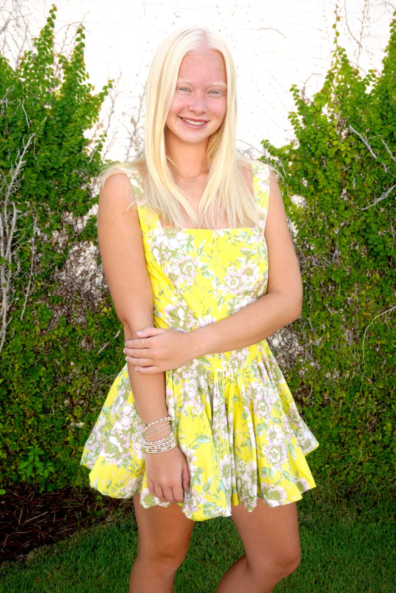 Floral Bubble Hem Mini Dress - Yellow - Anderson Ave boutique