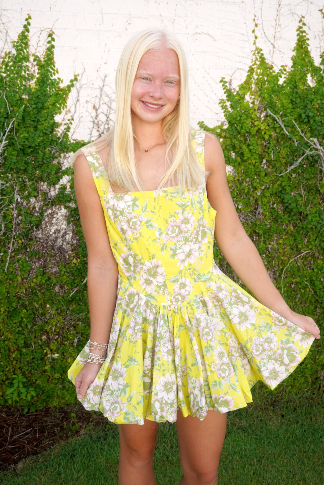 Floral Bubble Hem Mini Dress - Yellow - Anderson Ave boutique