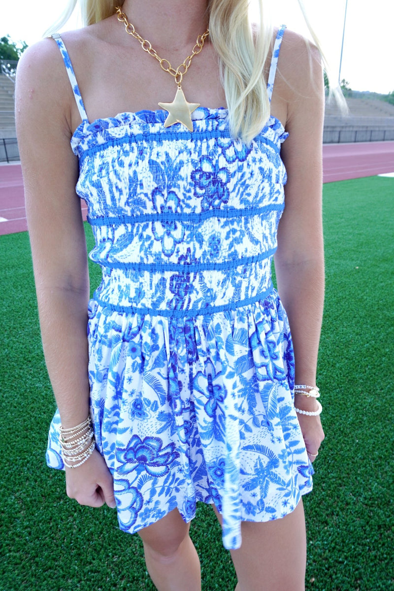 Floral Smocked Bodie Romper - Blue - Anderson Ave boutique