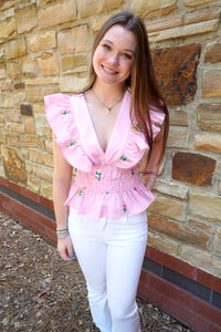 Flower Bouquet Embroidery Top - Pink - Anderson Ave boutique