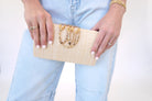Gaia Woven Straw Clutch – Elegant Evening Bag with Gold Hardware - Anderson Ave boutique
