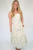 Garden Bloom Floral Tiered Midi Dress – Ruched Strap & Embroidered Waist - Anderson Ave boutique