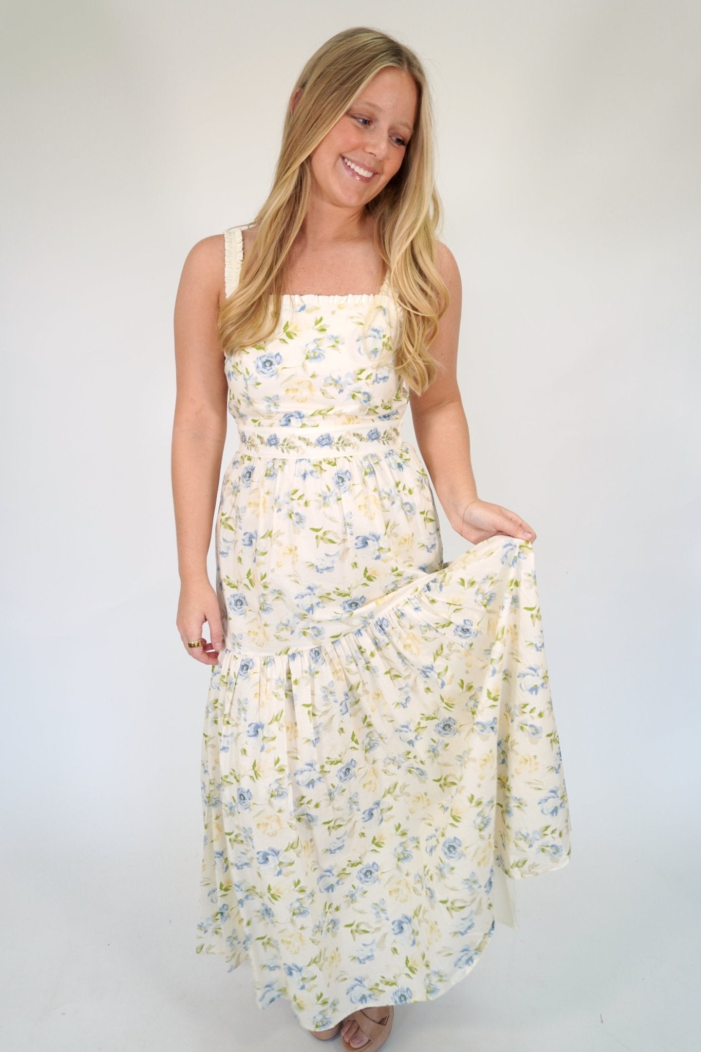 floral tiered midi dress Garden Bloom Floral Tiered Midi Dress – Ruched Strap & Embroidered Waist Large