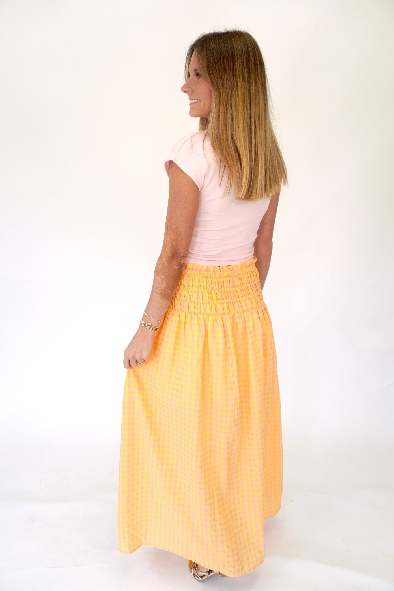 Gingham Smocked Waist Midi Skirt - Yellow & Pink - Anderson Ave boutique