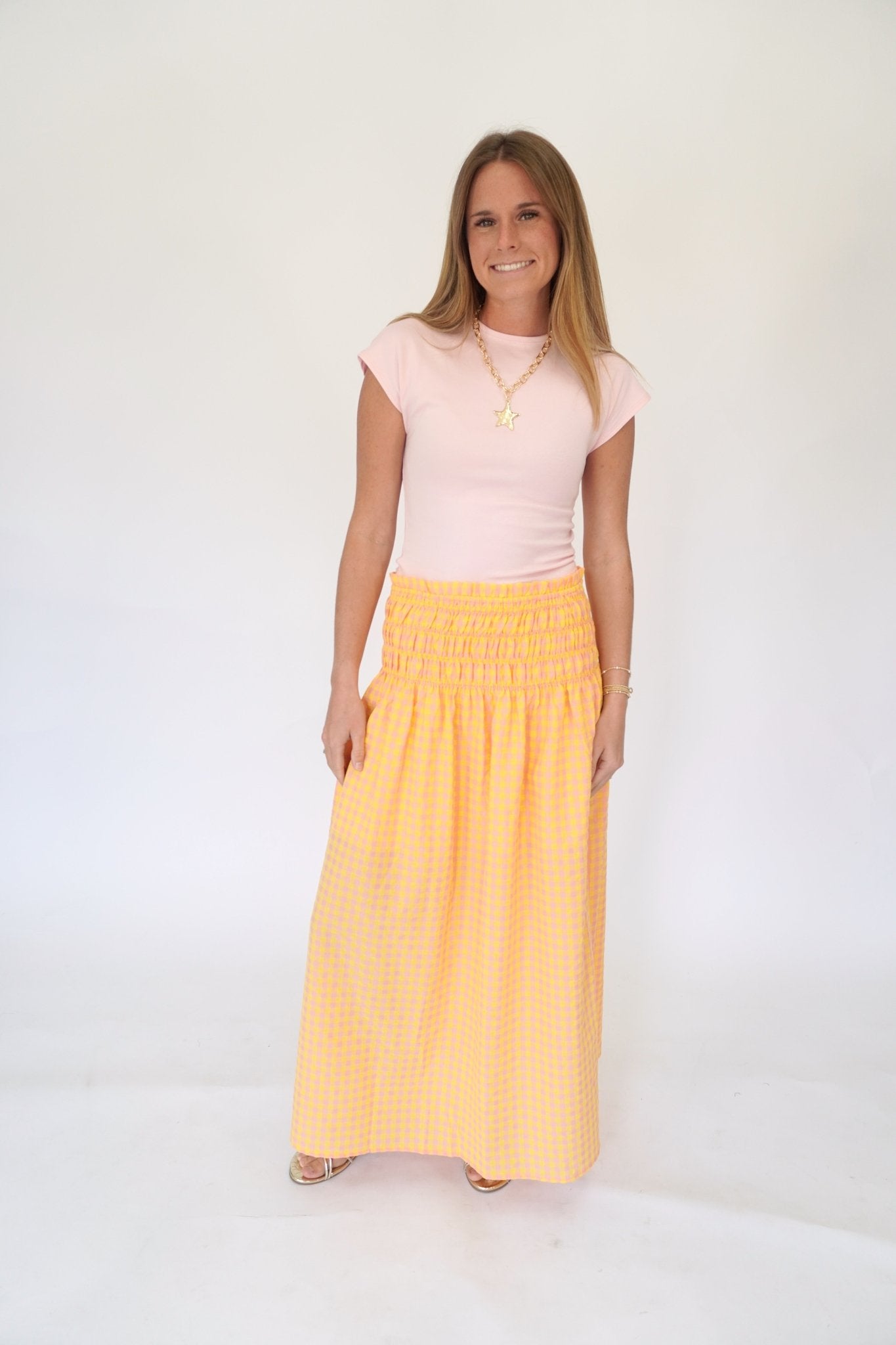 Gingham Smocked Waist Midi Skirt - Yellow & Pink - Anderson Ave boutique