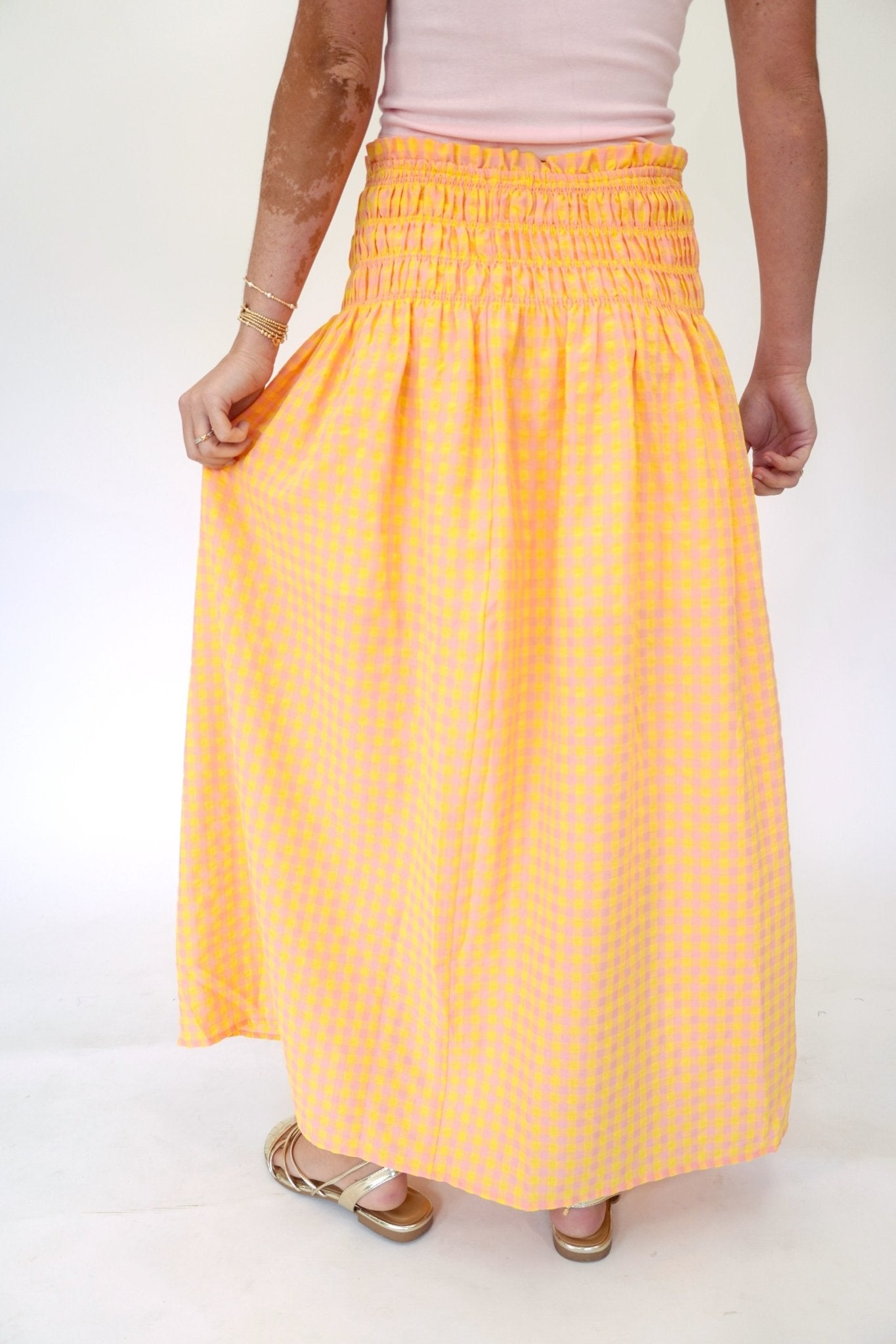 Gingham Smocked Waist Midi Skirt - Yellow & Pink - Anderson Ave boutique