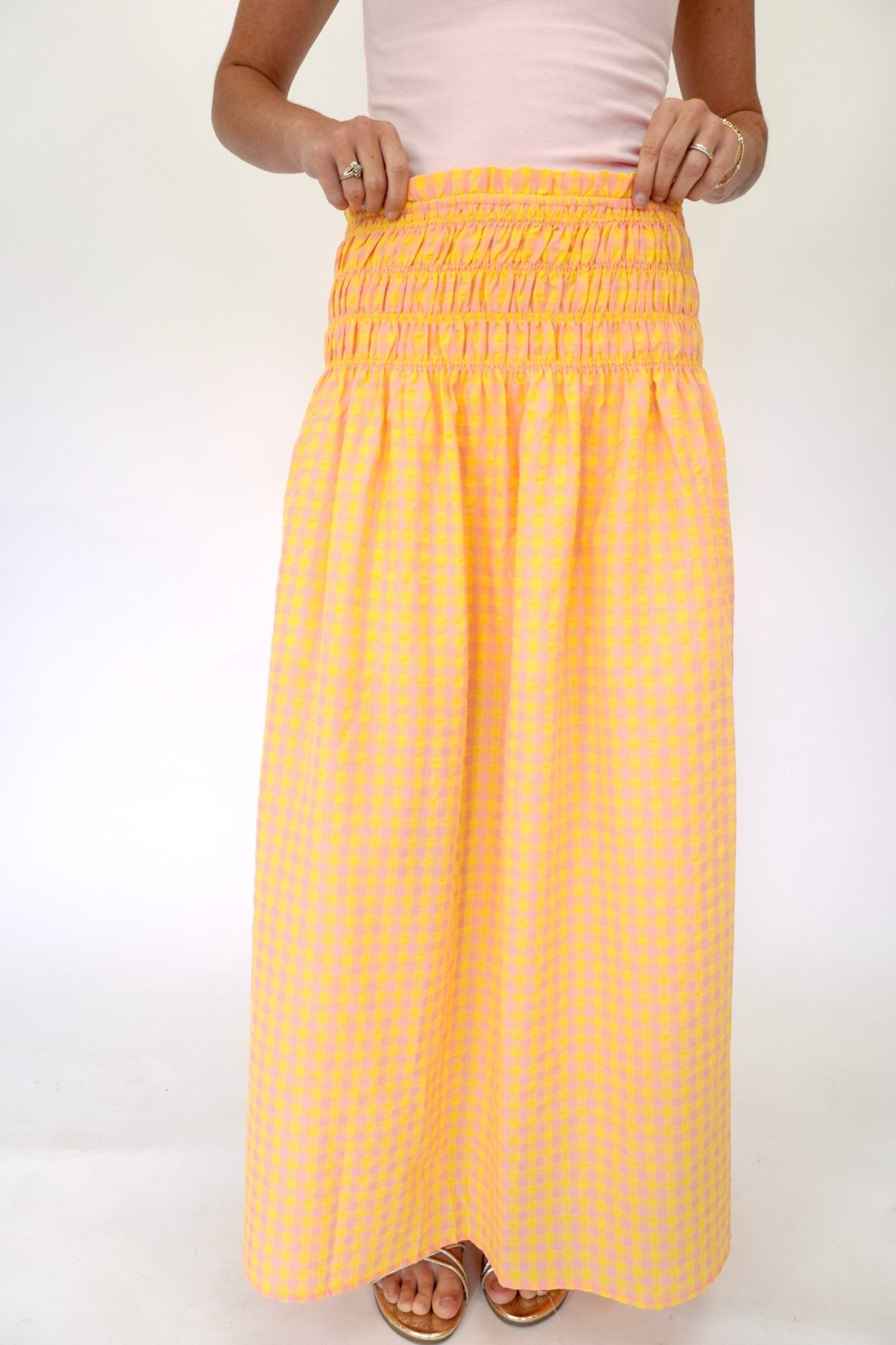 Gingham Smocked Waist Midi Skirt - Yellow & Pink - Anderson Ave boutique