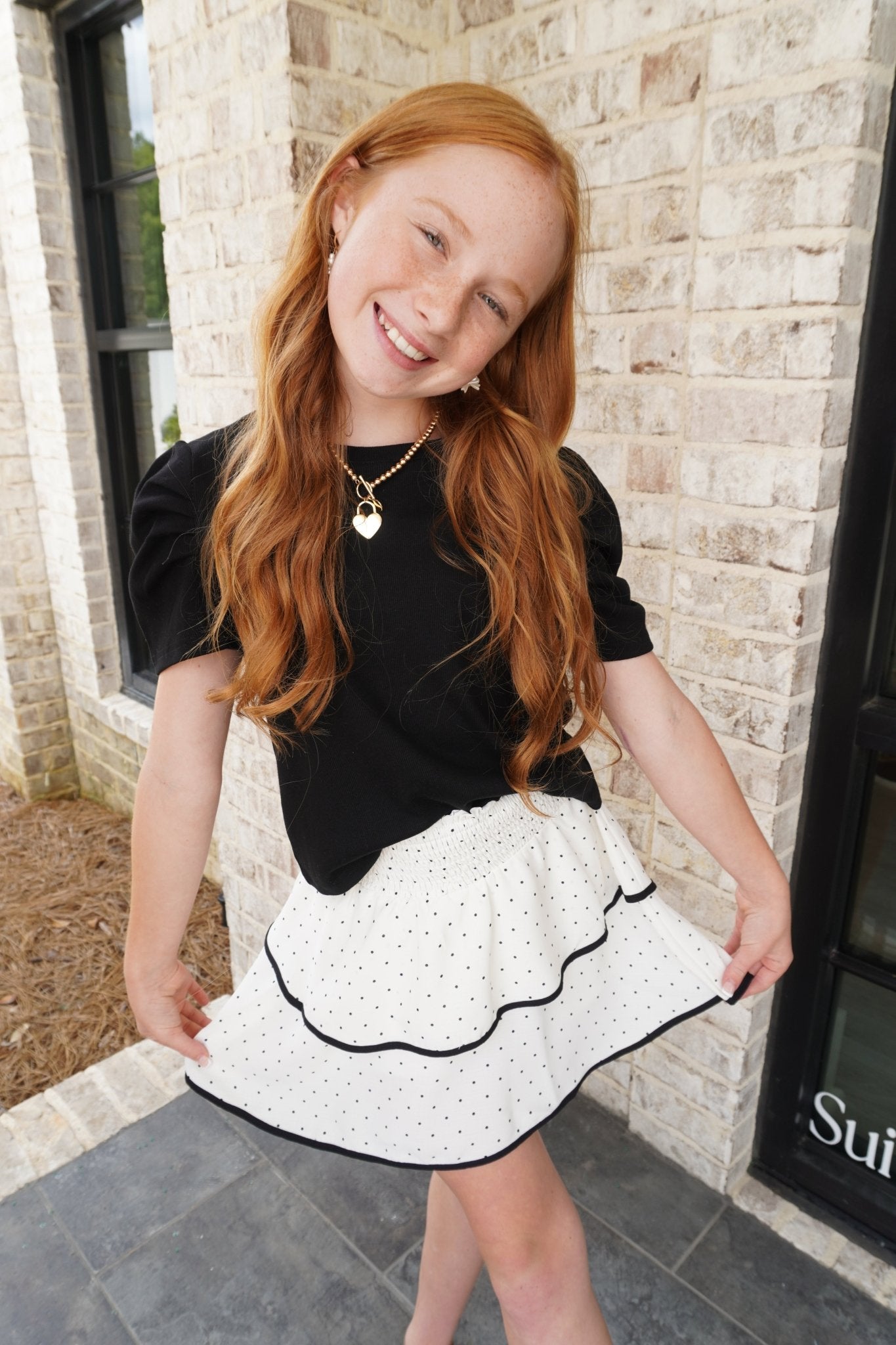 Girls Contrast Trim Polka Dot Smocked Skirt - Anderson Ave boutique