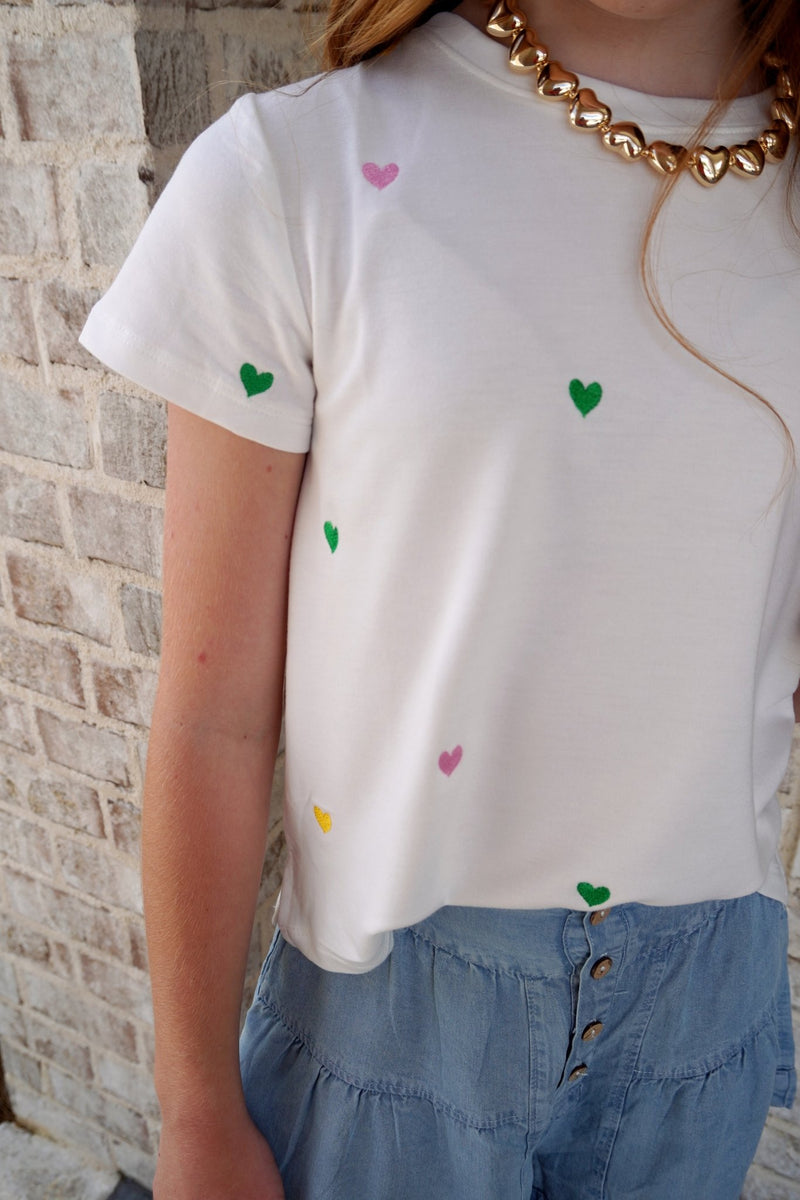 Girls Embroidered Ditsy Heart Knit T Shirt - White - Anderson Ave boutique