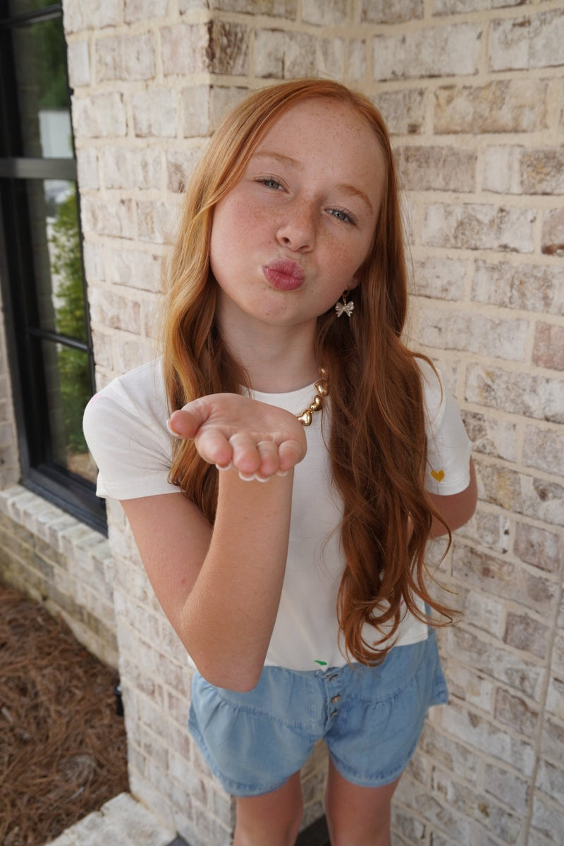 Girls Embroidered Ditsy Heart Knit T Shirt - White - Anderson Ave boutique