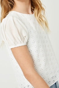 Girls Honeycomb Eyelet Contrast Sleeve Top - Anderson Ave boutique
