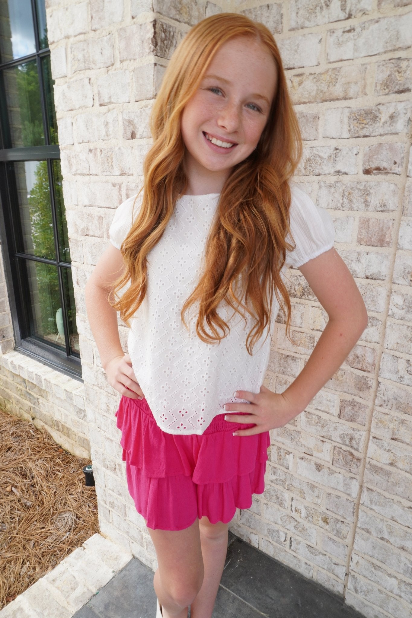 Girls Honeycomb Eyelet Contrast Sleeve Top - White - Anderson Ave boutique