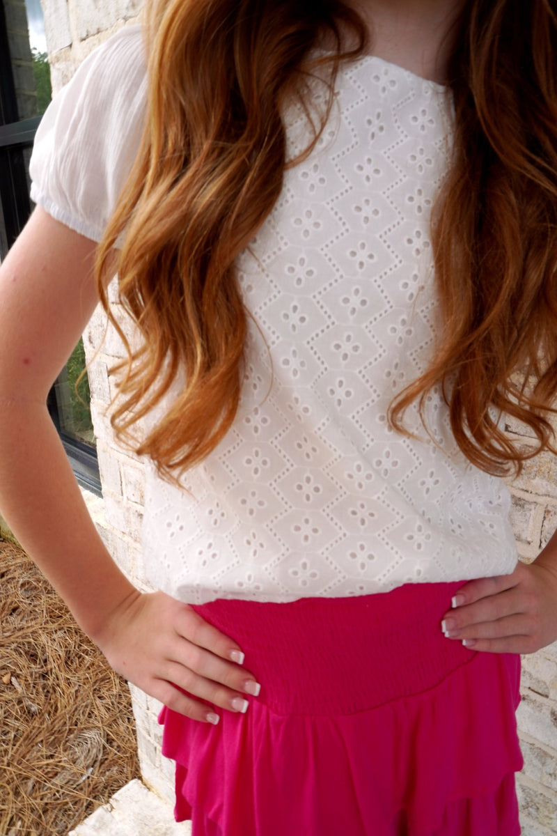 Girls Honeycomb Eyelet Contrast Sleeve Top - White - Anderson Ave boutique