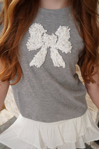 Girls Pearl Detailed Bow Patch Knit T Shirt - Gray - Anderson Ave boutique