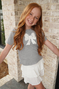Girls Pearl Detailed Bow Patch Knit T Shirt - Gray - Anderson Ave boutique