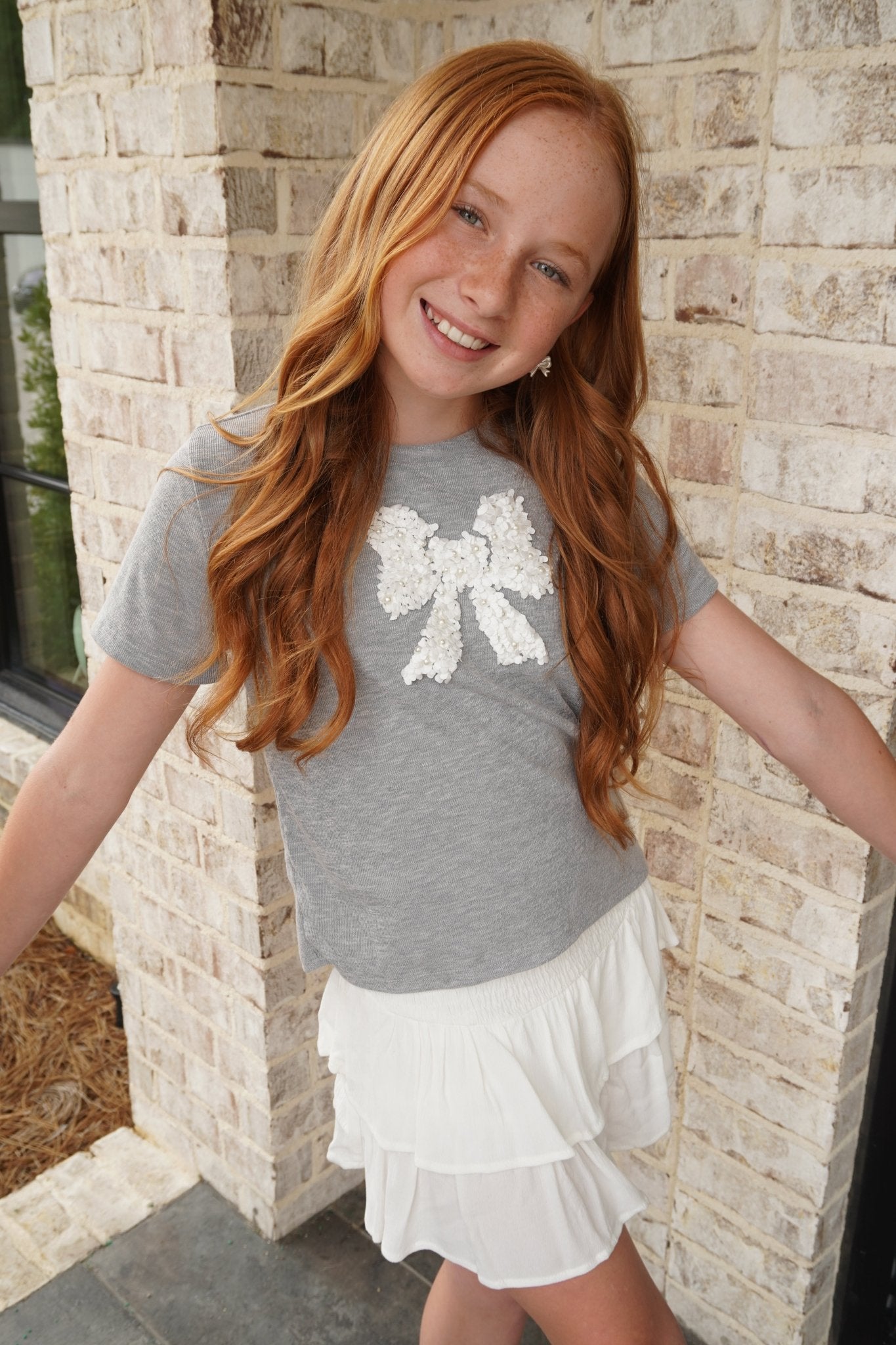 Girls Pearl Detailed Bow Patch Knit T Shirt - Gray - Anderson Ave boutique