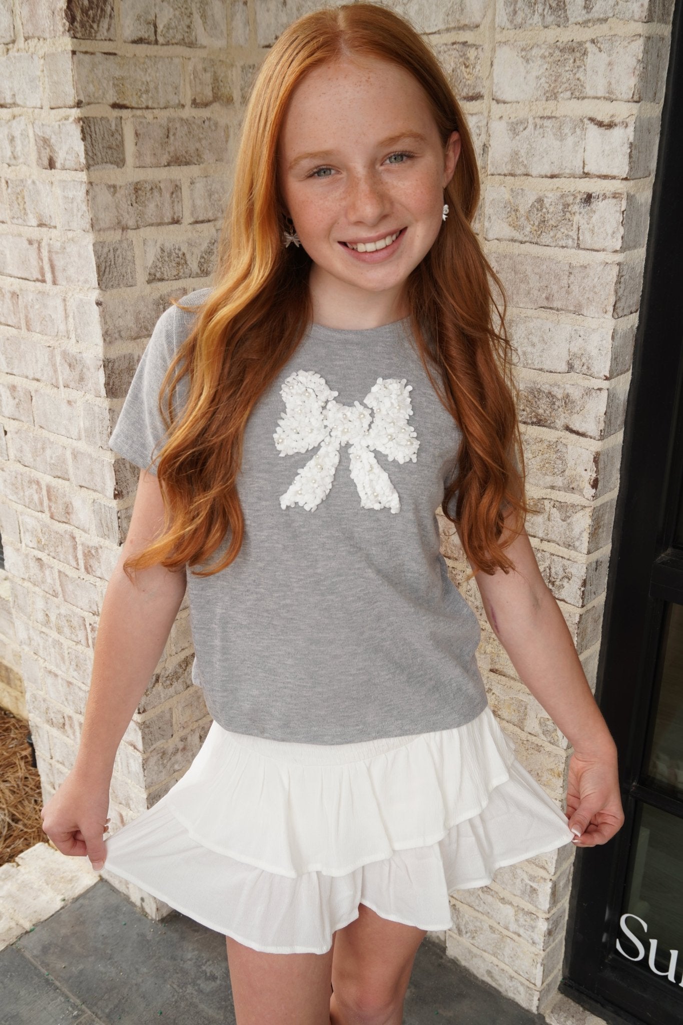 Girls Pearl Detailed Bow Patch Knit T Shirt - Gray - Anderson Ave boutique