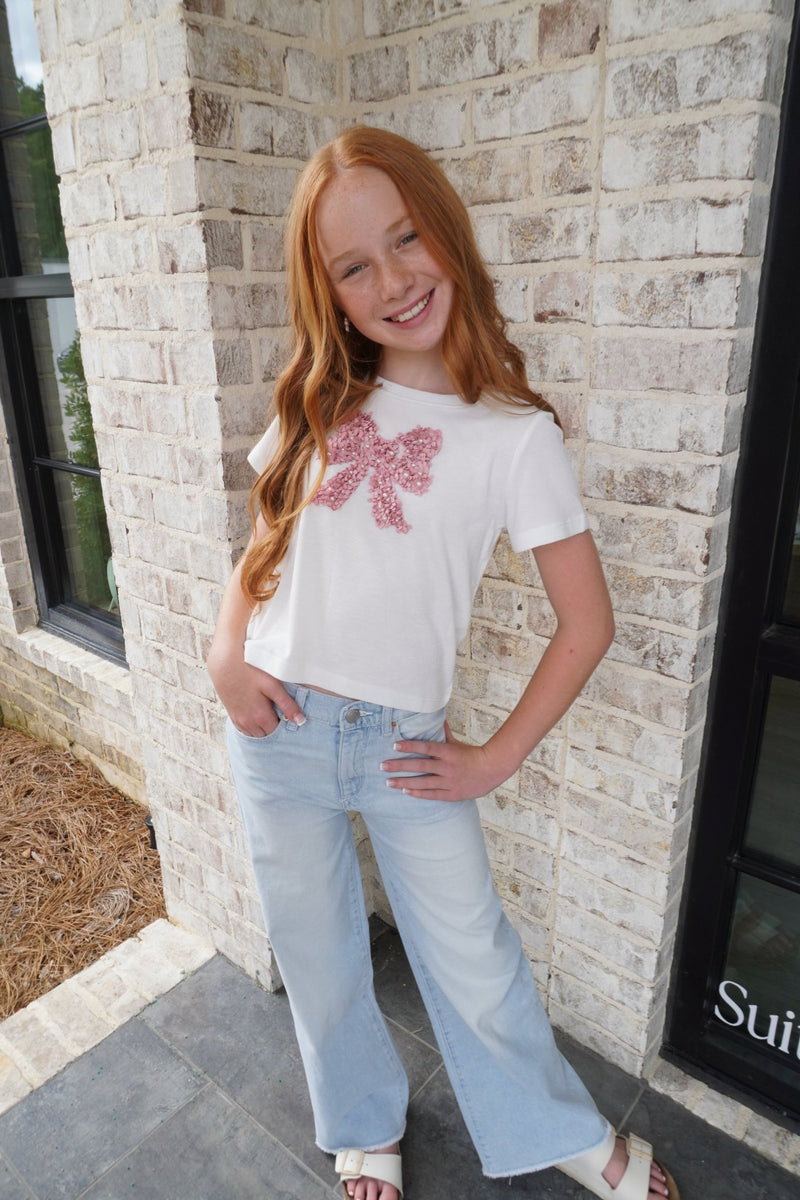 Girls Pearl Detailed Bow Patch Knit T Shirt - White - Anderson Ave boutique