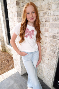 Girls Pearl Detailed Bow Patch Knit T Shirt - White - Anderson Ave boutique