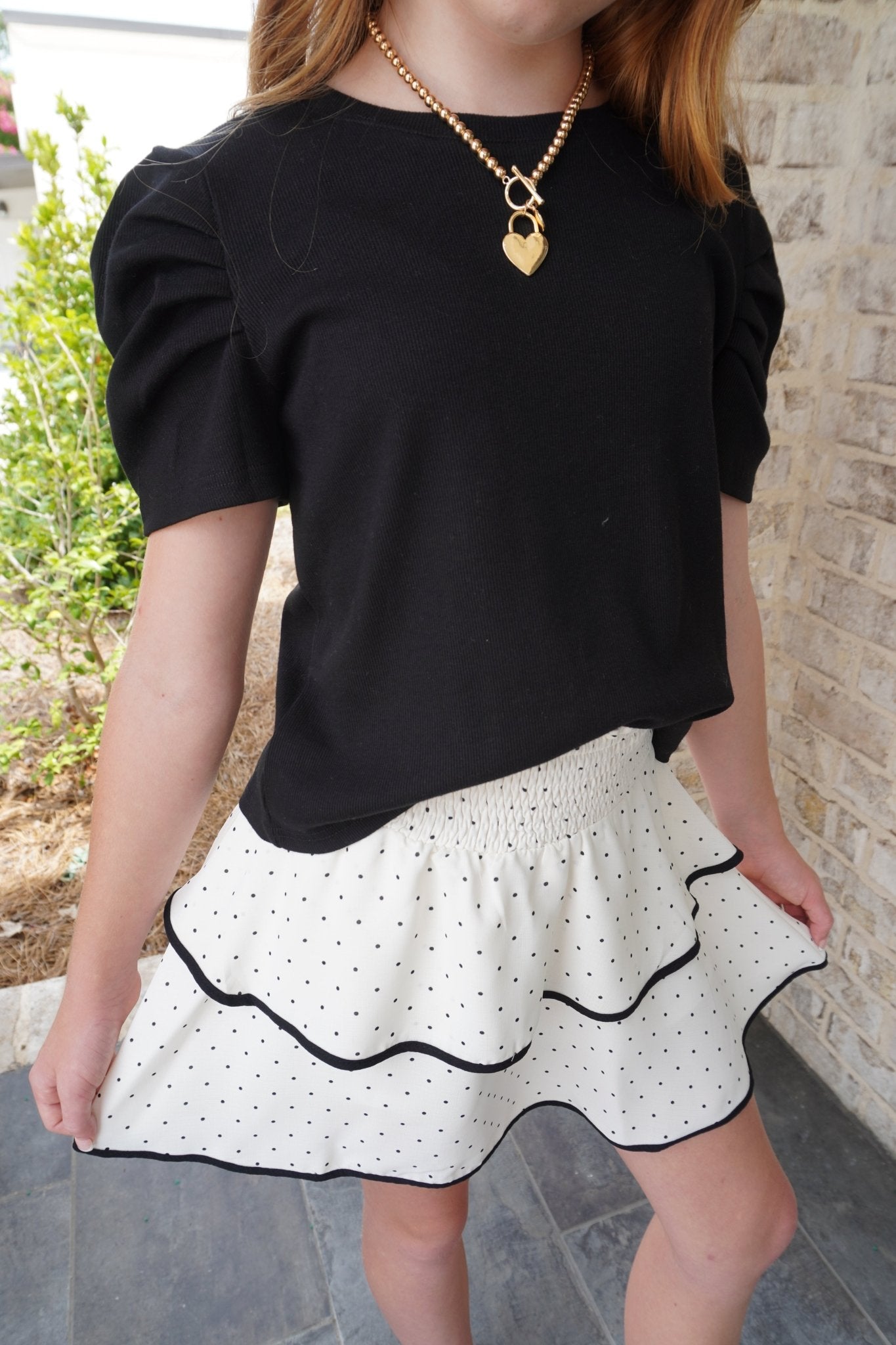 Girls Ribbed Pleated Shoulder Puff Sleeve Top - Black - Anderson Ave boutique