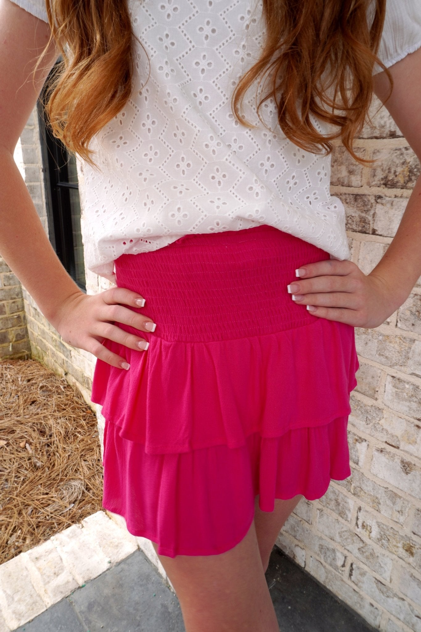 Girls Smocked Ruffle Tiered Mini Skirt - Fuchsia - Anderson Ave boutique