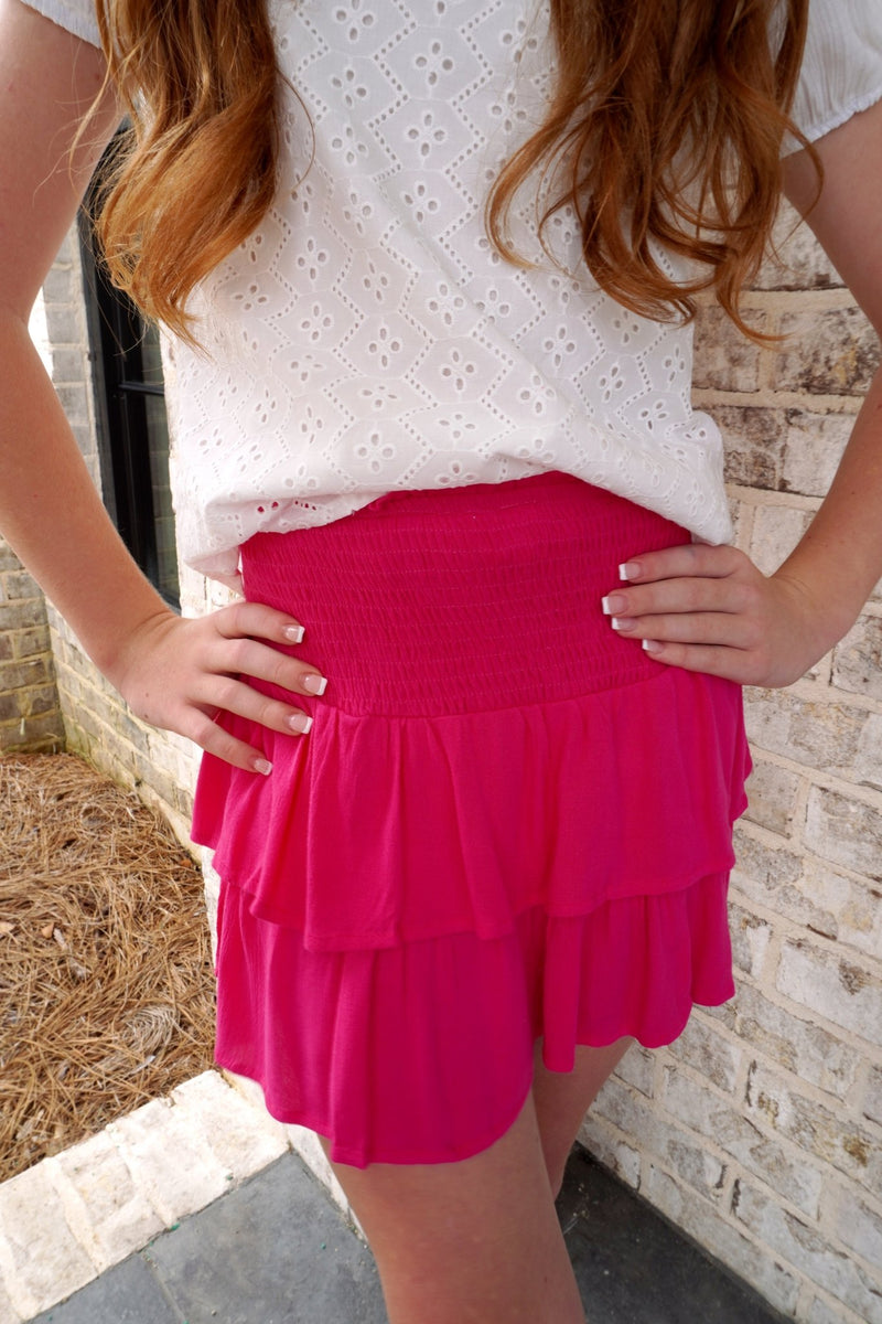 Girls Smocked Ruffle Tiered Mini Skirt - Fuchsia - Anderson Ave boutique