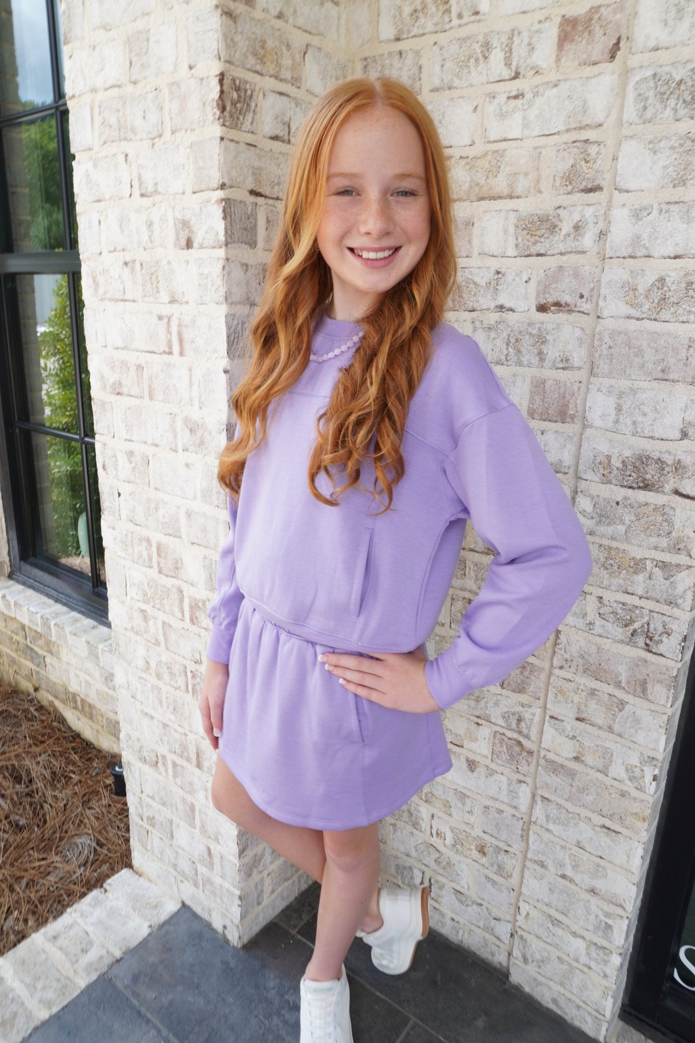 Girls Terry Brushed Crew Pullover And Skort set - Lavender - Anderson Ave boutique
