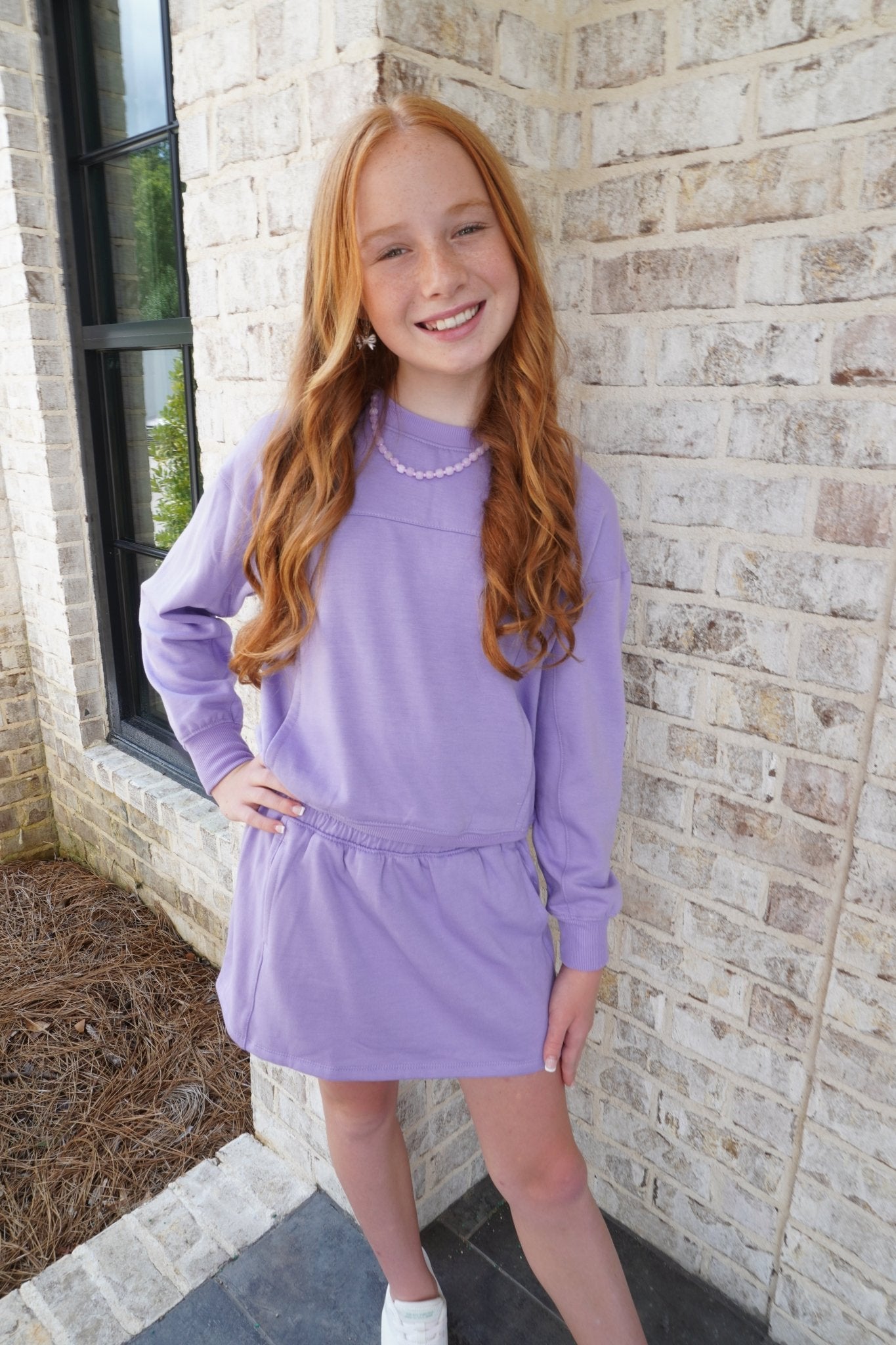 Girls Terry Brushed Crew Pullover And Skort set - Lavender - Anderson Ave boutique
