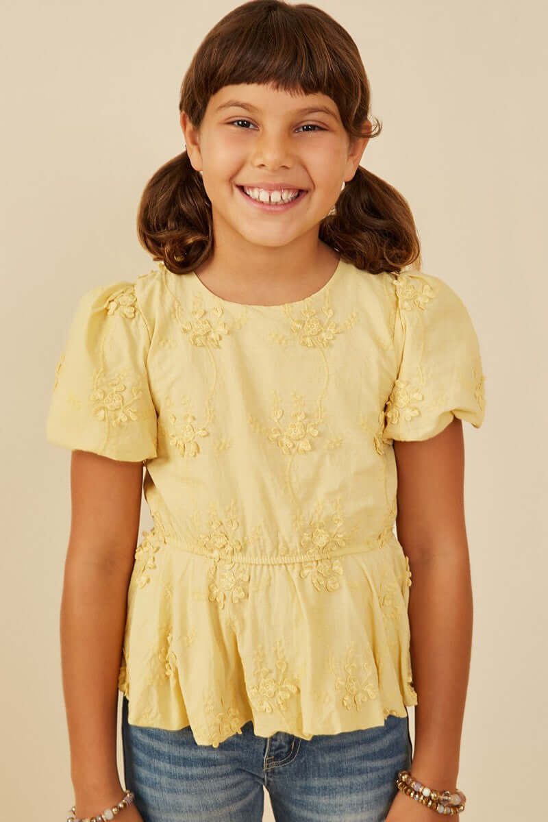 Girls' Yellow Embroidered Peplum Top - Anderson Ave boutique