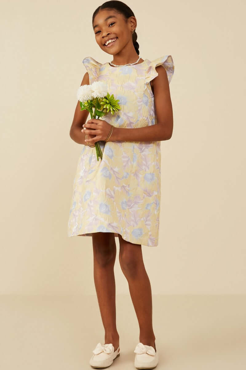 Girls Yellow Floral Jacquard Dress - Anderson Ave boutique